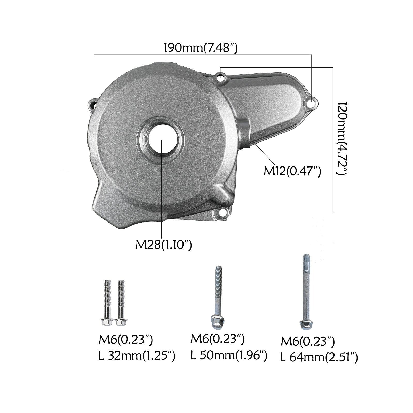 Magneto stator motor protective cover for 50cc, 70cc, 90cc, 110cc, and 125cc all-terrain vehicles and go-karts.