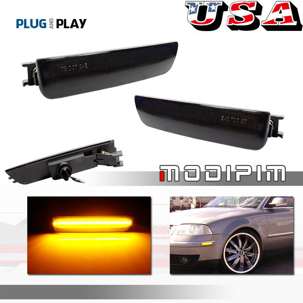 Left + Right Smoked LED Front Bumper Side Marker Lights for 2001 - 05 for VW for Passat B55- v