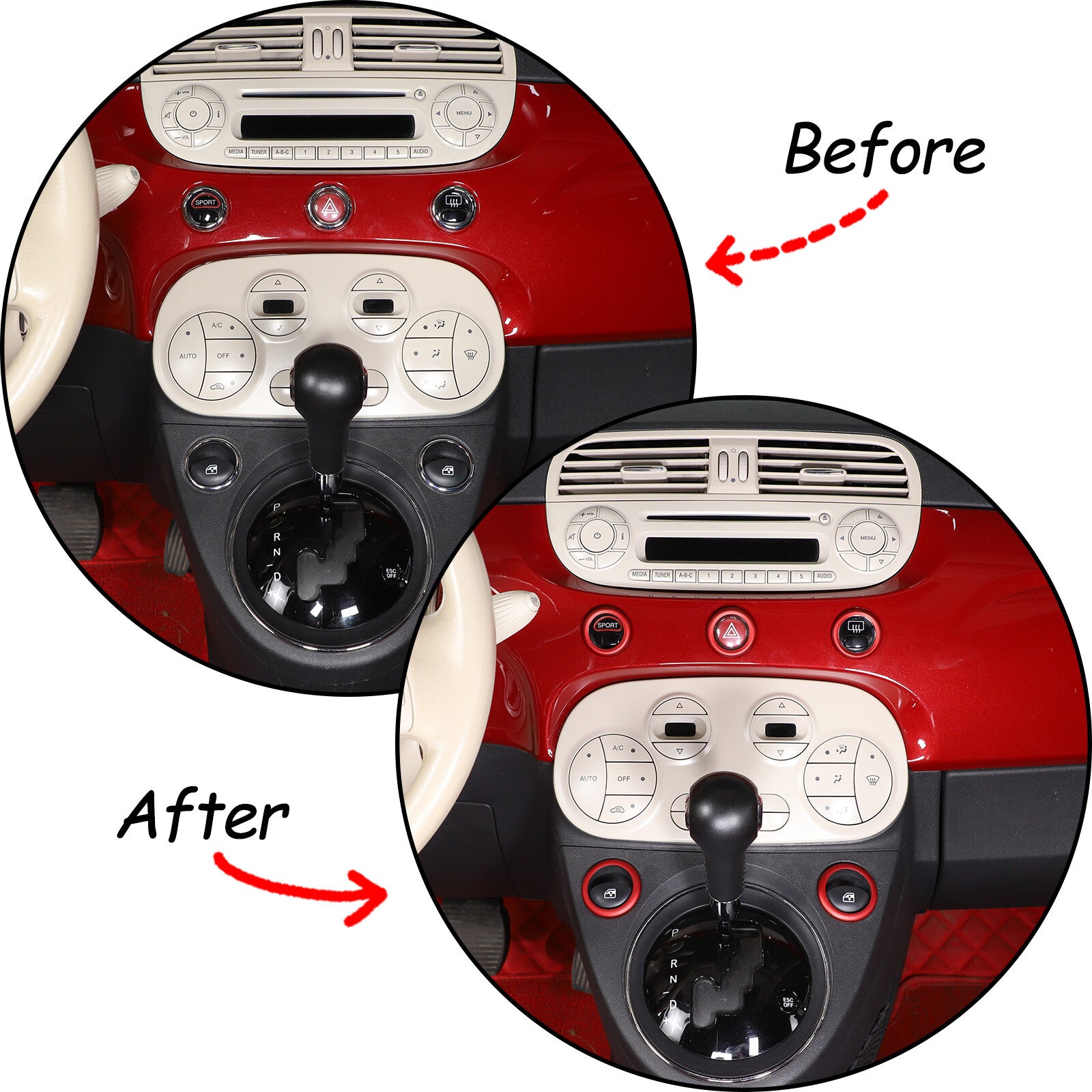 Red aluminum dashboard switch with button ring trim for Fiat 500 2010-2022 5 pieces n