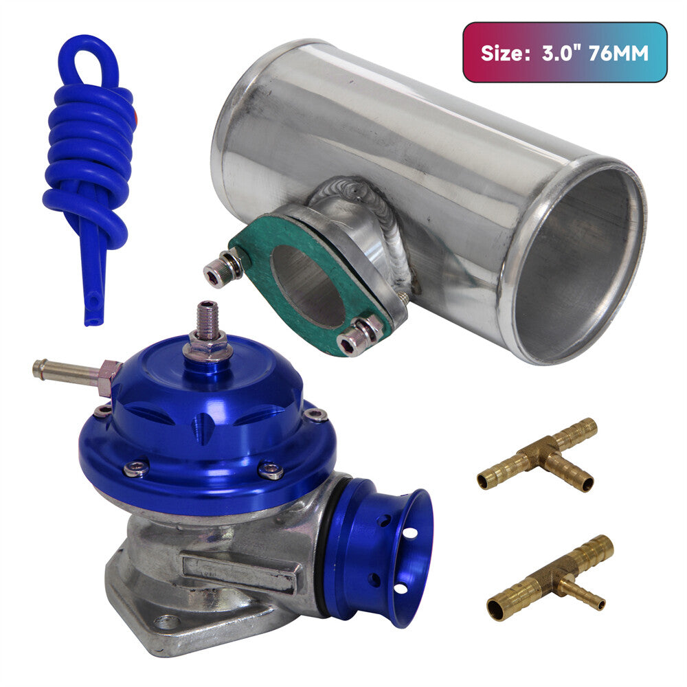 UNIVERSAL BILLET ALUMINUM TYPE-S TURBO BLOW OFF VALVE BOV+3 FLANGE PIPE BLUE
