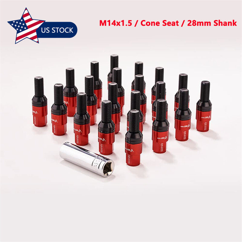 20pcs M14x1.5 Red Wheel Lug Bolt 28mm Shank Cone for Seat Stud for Most Aftermarket
