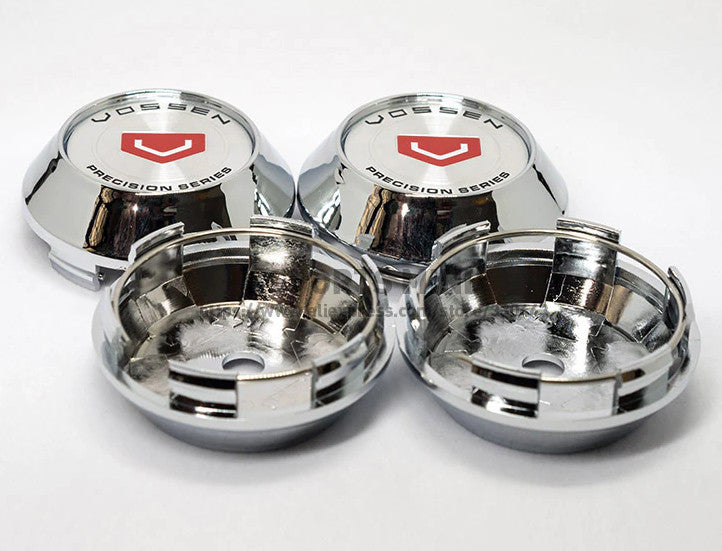 4-piece set of 68mm Vossen logo wheel center caps, hubcaps, rim caps, badges, silver, red