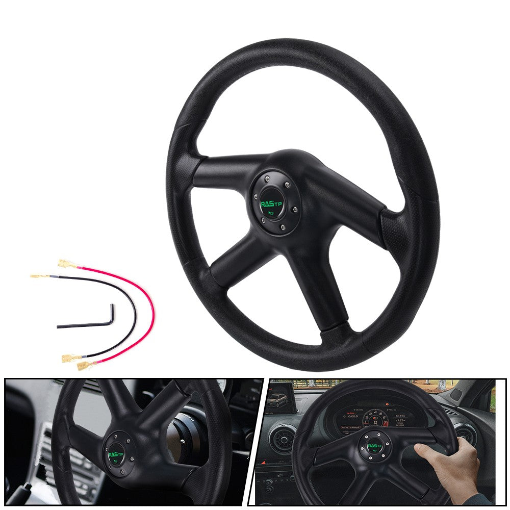 14¡° Universal 4 Spokes PU Leather Flat Dish Racing Steering Wheel w/Horn Button