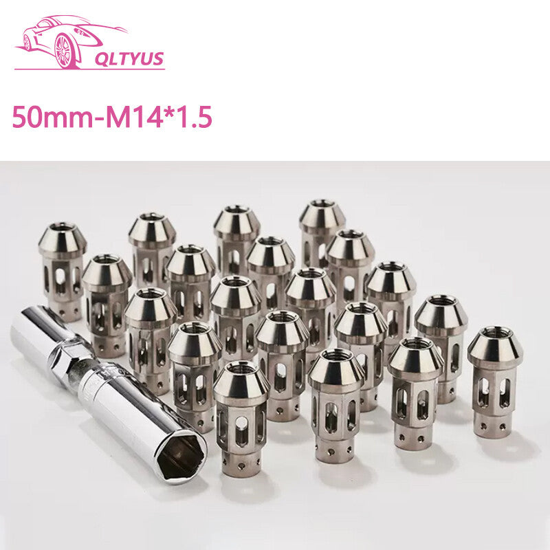 20-piece pack of 50mm M141.5 titanium alloy hollow wheel nuts with socket and key.