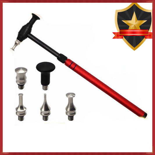 Red car body dent removal and repair tools (using tap water, paint- hammer, pencil, hail) Q