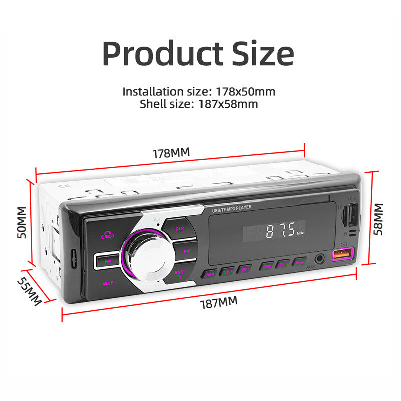 1 DIN car stereo receiver, car voice assistant finder, radio, Bluetooth, USB charging. n