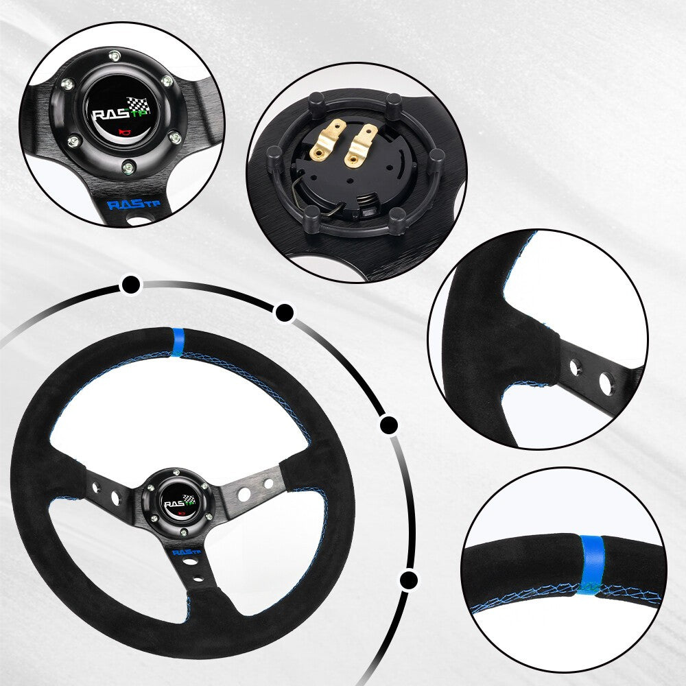 14Suede Leather Deep Dish 93mm Drifting Racing Steering Wheel+Quick Release Kit