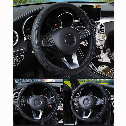 Leather car steering wheel cover for good grip, car accessories, 15-inch, black/blue. n