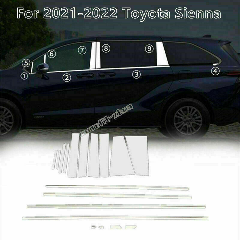 18p for Toyota for Sienna 2021-2023 Chrome Car Window StripsPillar Post Cover Trim
