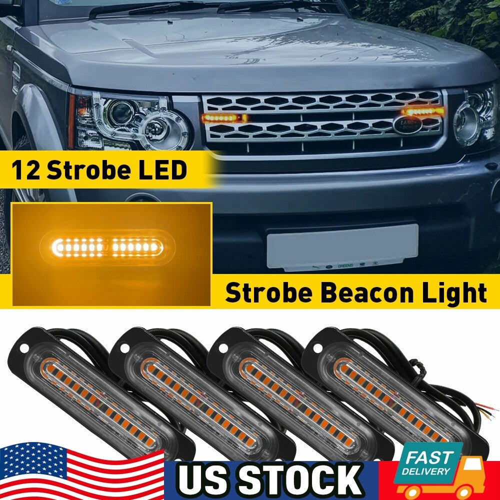 4x 12 LED Amber Truck Car Emergency Beacon Warning Hazard Flasher Light Bar - v