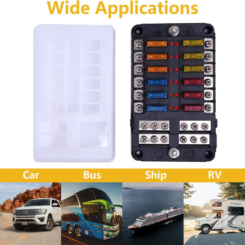 12-channel automatic fuse box, 32V with LED indicator, suitable for use in cars, trucks, boats, RVs, and ships. n