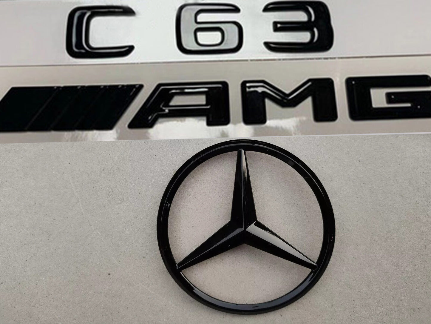GLOSS Black Rear Star and Badge for Mercedes C63 AMG W204 2008-14 Saloon and Coupe