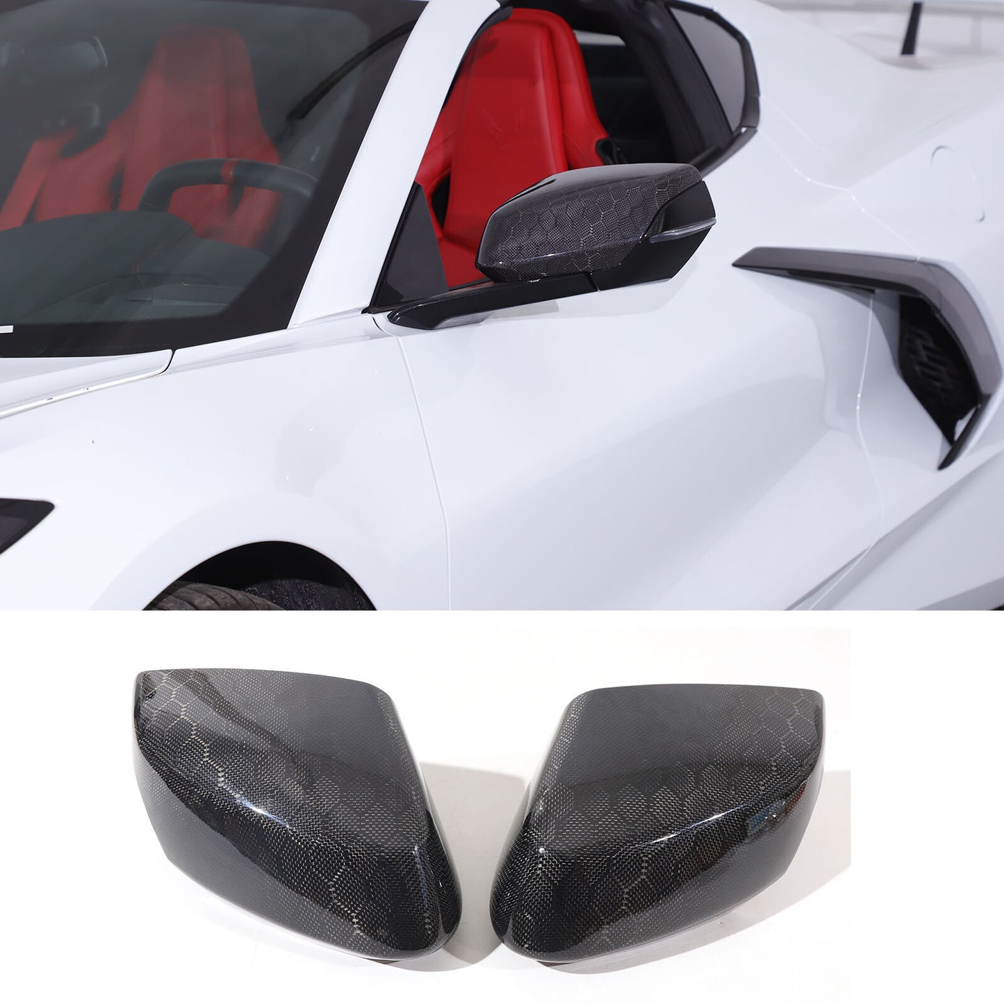 Honeycomb carbon fiber for Corvette C8 Stingary 2020 - 2023 rearview mirror covers.