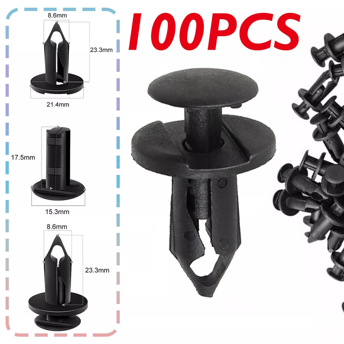 100 8MM Bumper Clips Retainer Auto Car Plastic Rivets Fastener Fender Push n