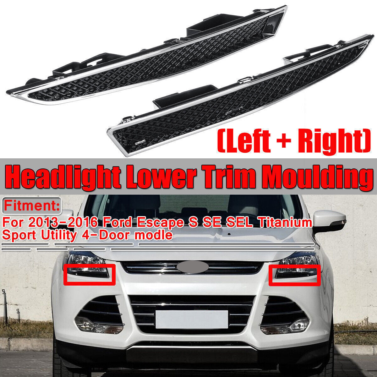 2X Headlight Trim Grille Decor Replacement Parts for Ford Escape/kuga 2013-2016
