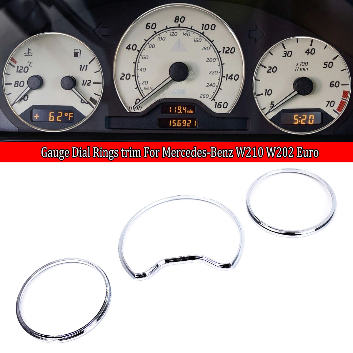 Chrome dashboard trim ring speedometer cluster panel for Mercedes-Benz W210 W202 A208
