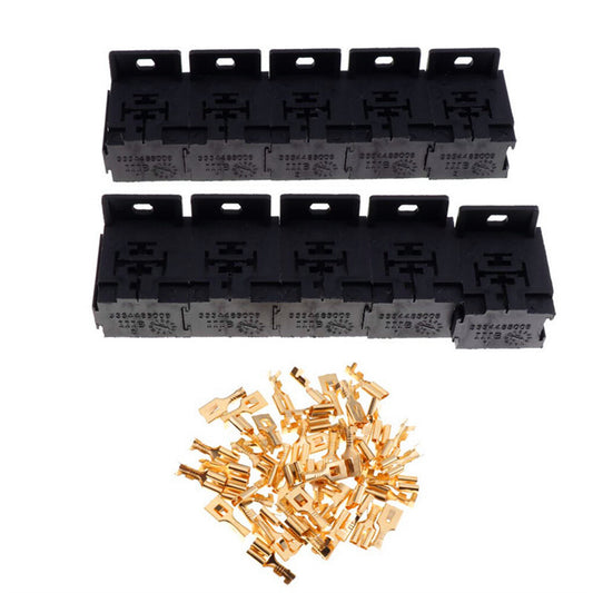 10Pcs 12V/24V 30A-80A 5-Pin Relay Socket Holder Block with 50Pcs 6.3mm Terminals