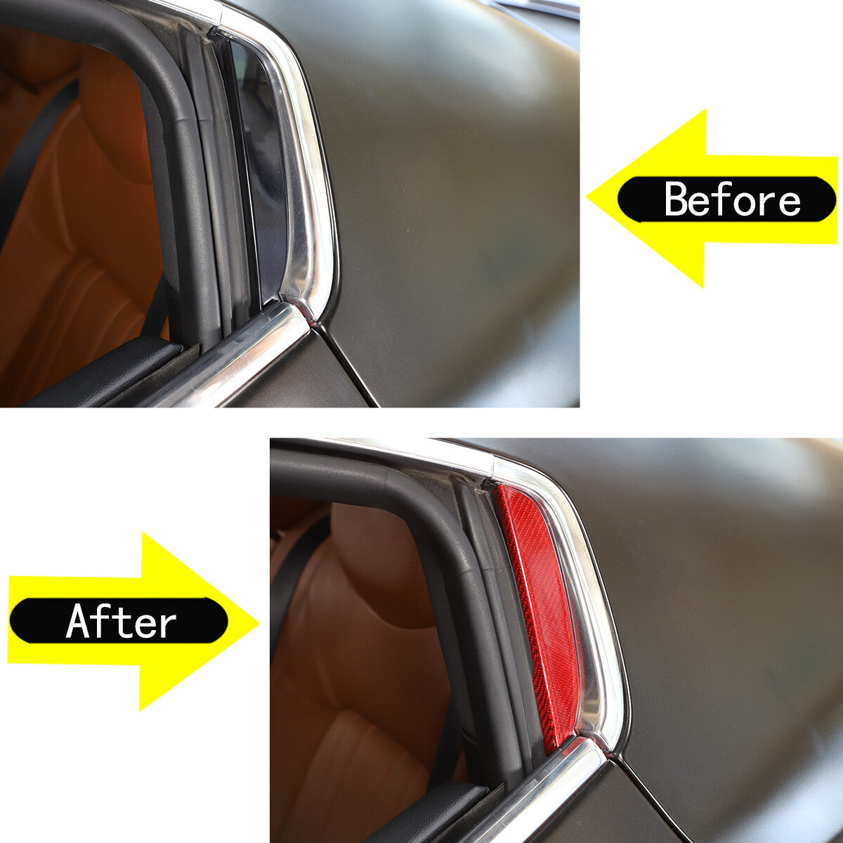 Red carbon fiber rear window C-pillar cover trim for Maserati Ghibli, 2014-2021.