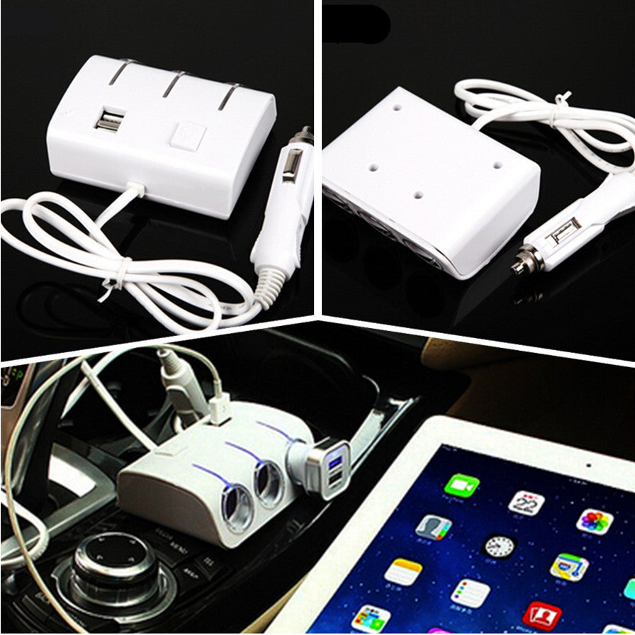 Car Cigarette Lighter Power Socket Splitter USB Port 3 Way Charger Adapter white