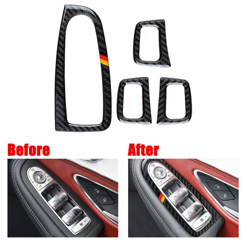 Carbon fiber window switch and armrest trim for C-Class, GLC, and E-Class. n