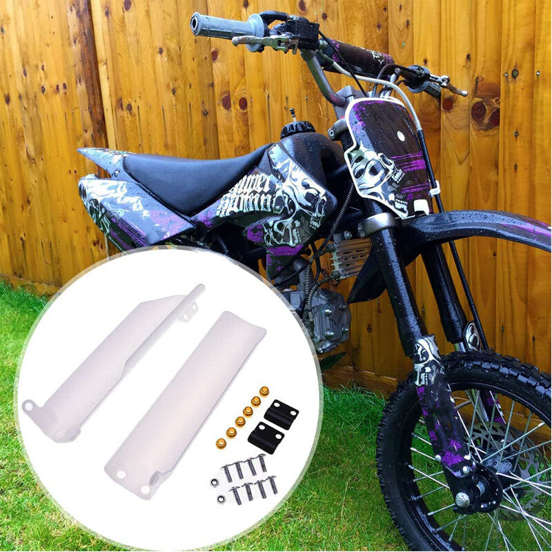 A pair of 270mm front fork guards and fender covers suitable for 125cc, 140cc, and 160cc motorcycles and bicycles. n
