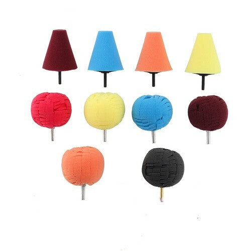 10-piece car polishing machine kit with conical polishing wheels, balls, sponge polishing pads