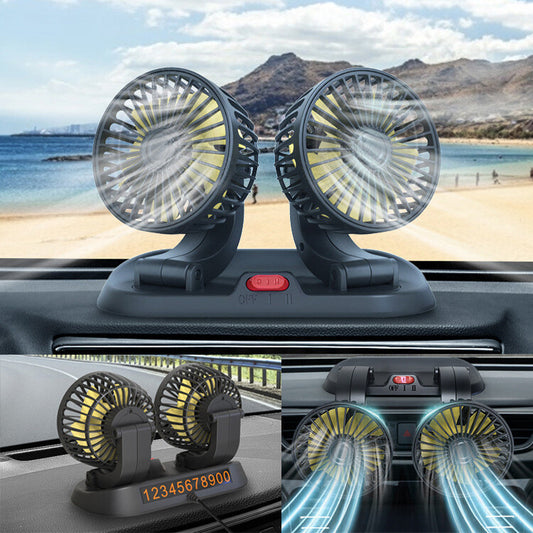 12V Car Fan-Dual Head Rotatable Portable Cooler For UV RV Truck Sedan Cruise