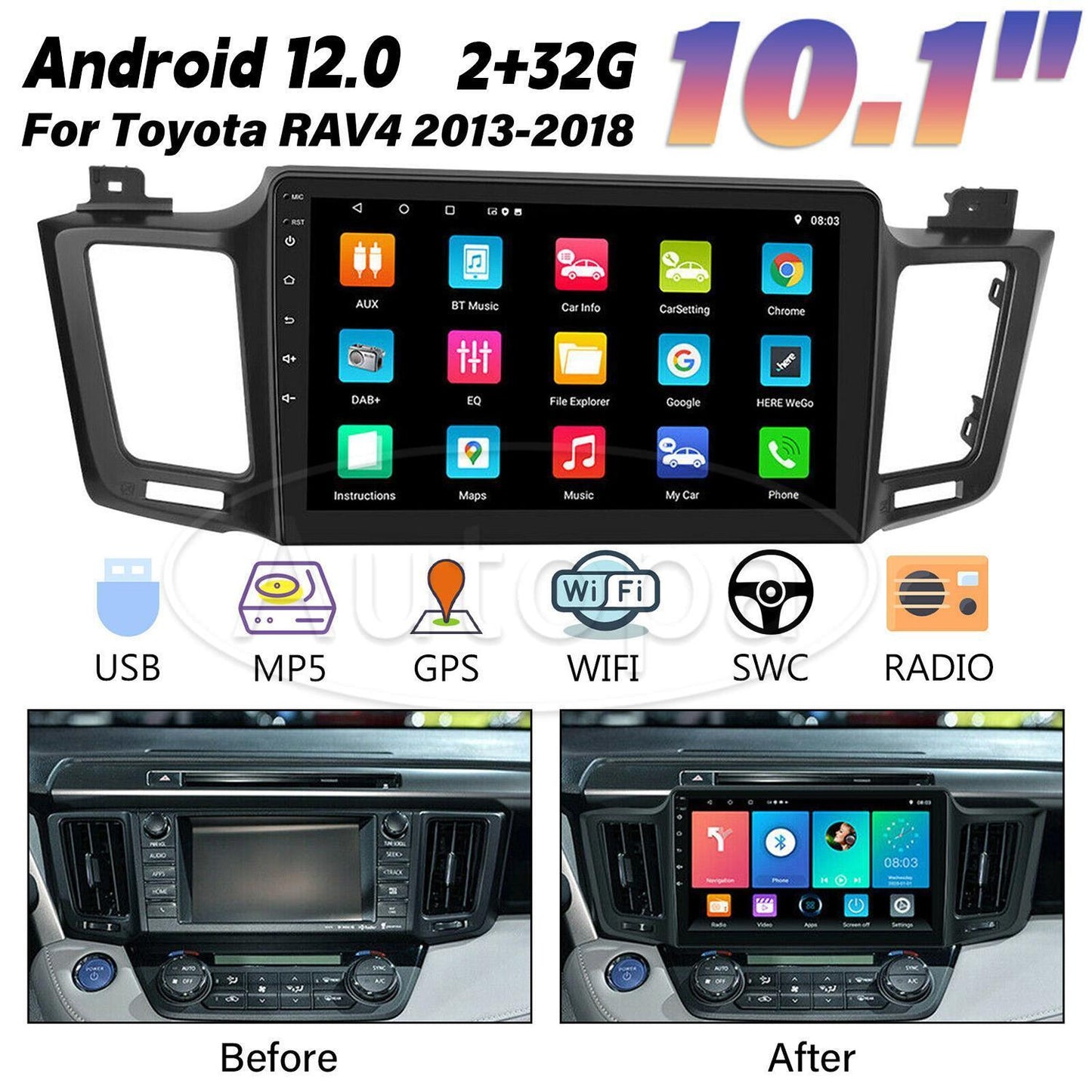 10.1 Carplay for Toyota 2013-2018 RAV4 Car Stereo Radio Android 12 GPS Wifi