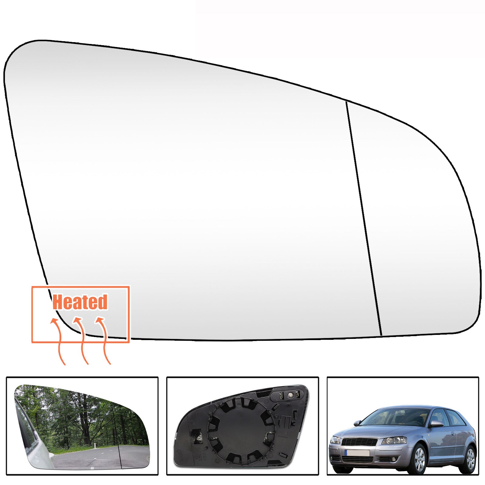 for Audi A3 8P 04-08 RHS Wing Mirror Glass Heated With Plate Clip On Rear View Q