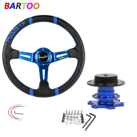 Blue 350mm Deep Dished Racing Aluminum Steering Wheel Quick Release Hub Kit