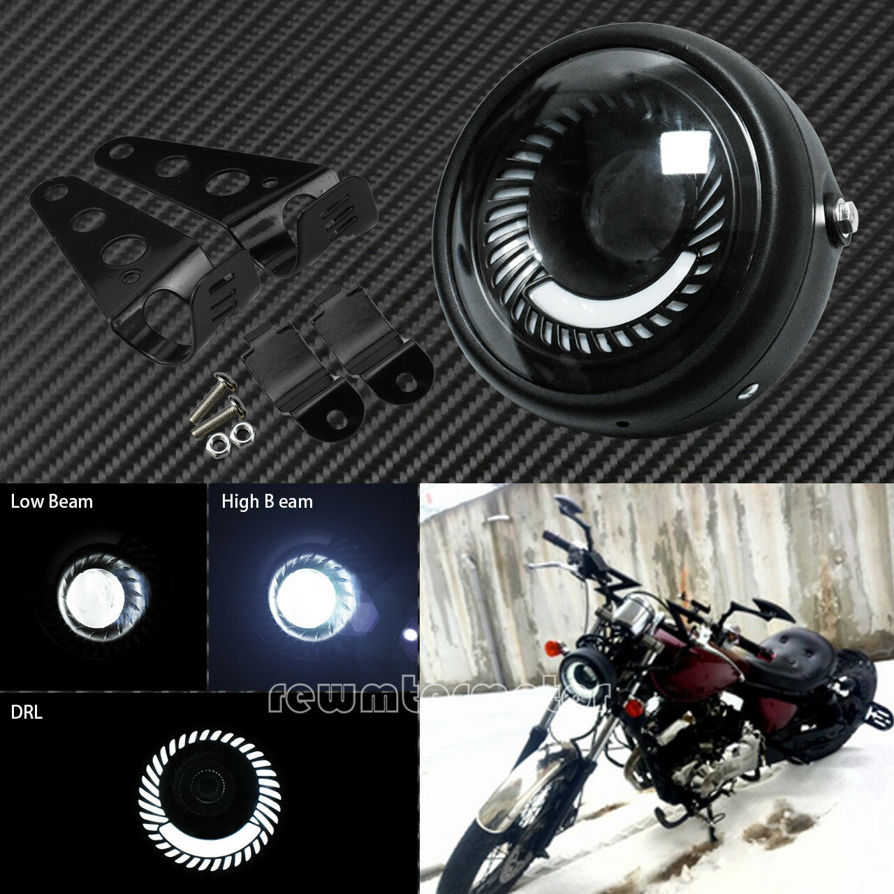 6.5'' Universal Motorcycle LED Headlight Low High Beam Spiral DRL w/ Mount Kit Q