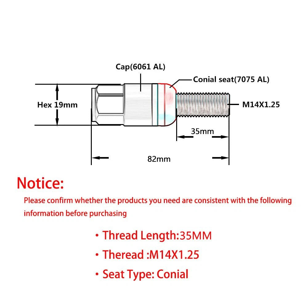 20x M14x1.25 Wheel Lug Bolt 35mm Shank Cone for Seat Stud for Most Aftermarket Q