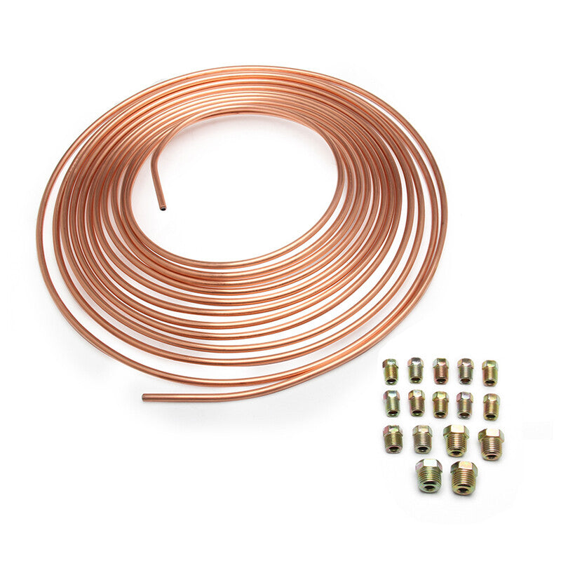 25-foot coiled 3/16-inch OD copper brake tube kit with 16 nut fittings - n
