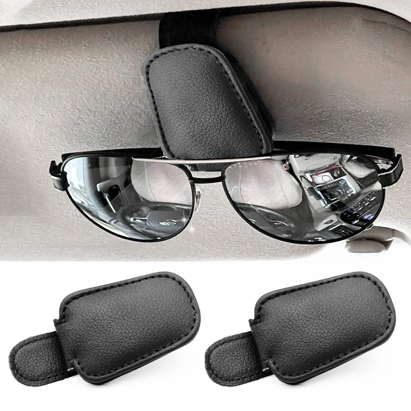 2-Piece Universal Magnetic Polyurethane Synthetic Leather Car Sunglasses Holder Clip Accessory n