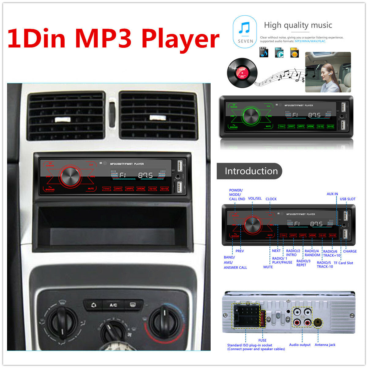 Single DIN Car Stereo Radio Receiver, MP3 Player, Bluetooth, AUX, USB, FM Main Unit n
