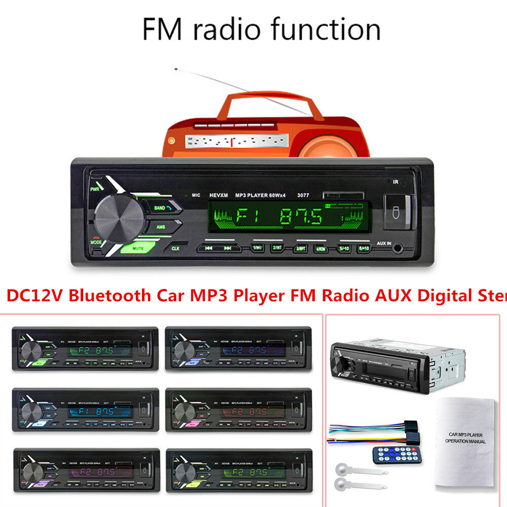 DC12V Multifunctional Bluetooth Car MP3 Player, FM Radio, AUX Audio, LCD Display - n