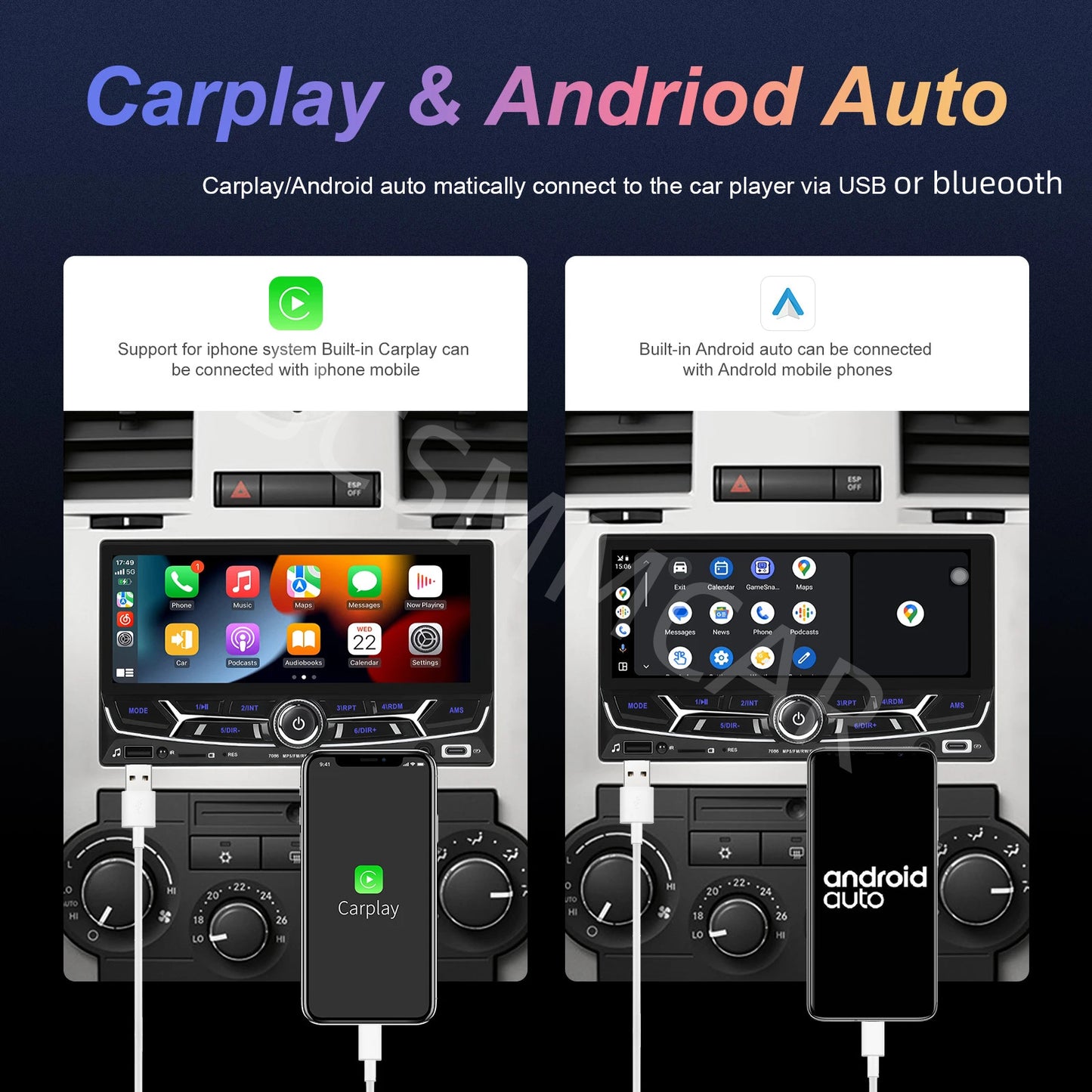 6.86 2Din Touch Screen Wireless Carplay Portable Car Stereo Android Auto AUX