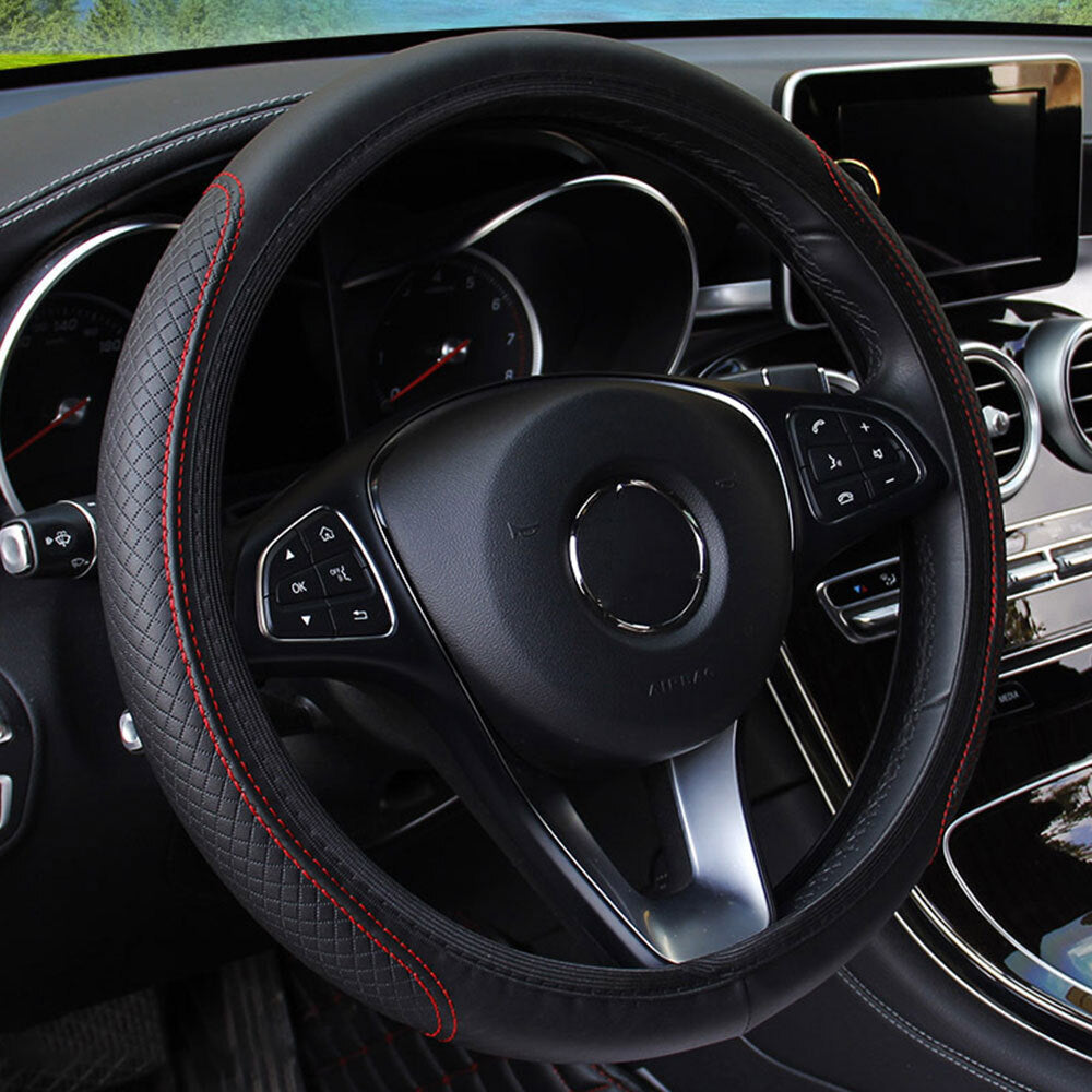 Leather car steering wheel cover for good grip, car accessories, 15-inch, black and blue - n