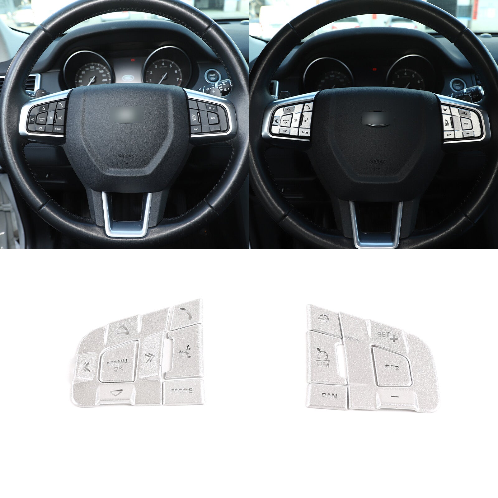 Steering wheel button cover trim in silver aluminum alloy for Discovery Sport L550 15-19 models. n