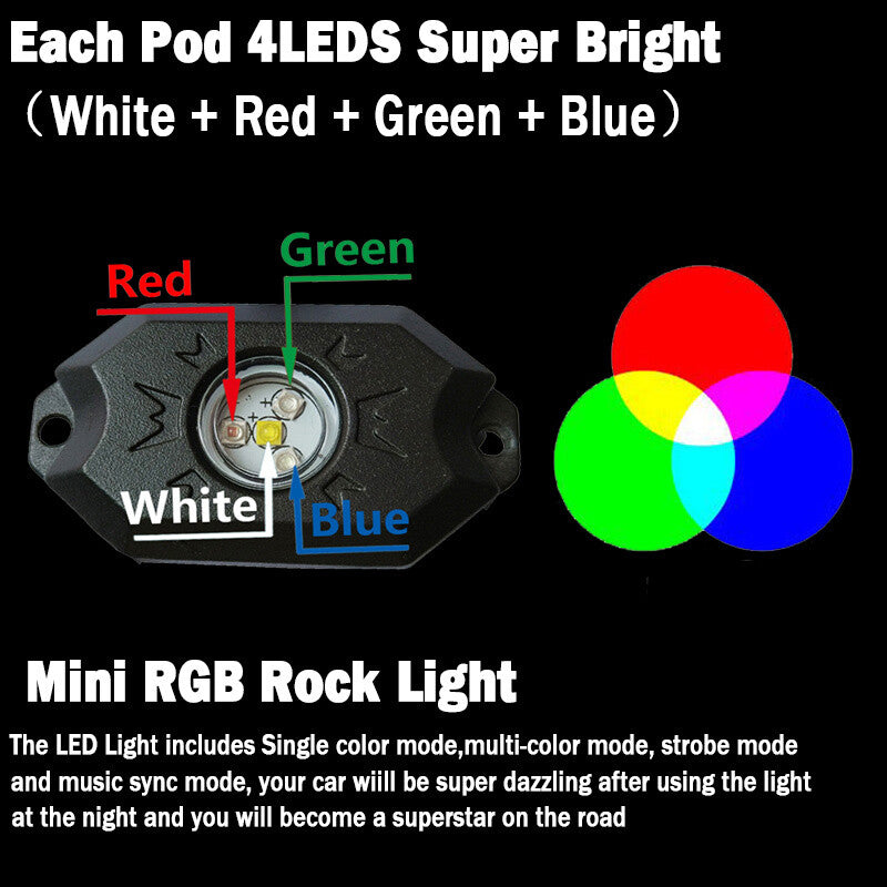 RGBW LED Rock Light 4 pods Kits For Off Road Truck Car ATV SUV Under Wheel 4X4-
