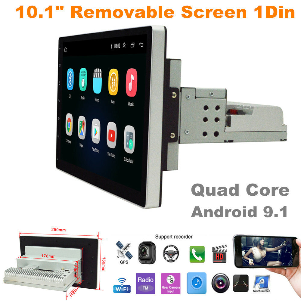 10.1-inch detachable screen, 1DIN quad-core Android 9.1, car GPS, WiFi, MP5 player, 1+16GB n