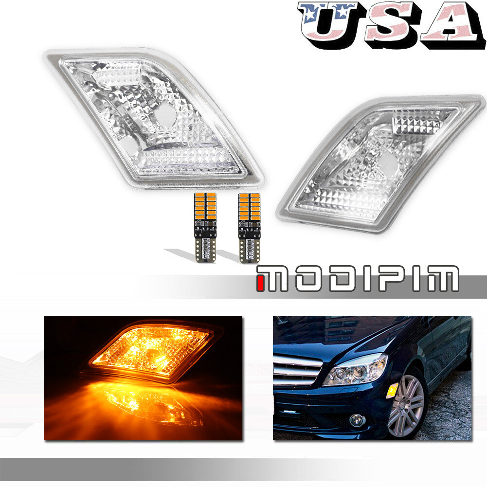 Front Clear Side Marker Lights w/Amber LED Bulbs For 2008-2011 for Benz W204 C-Class v