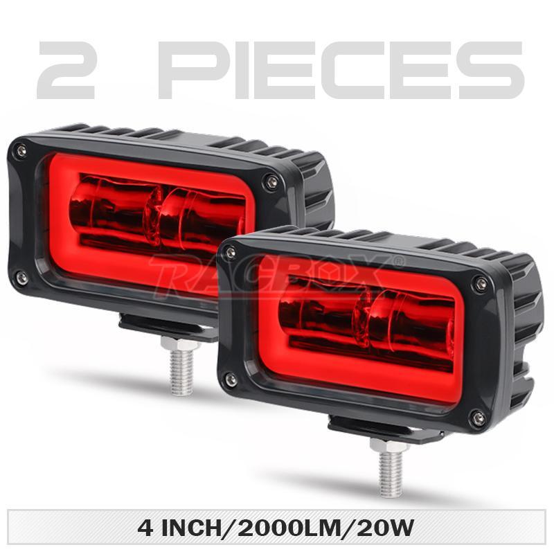 2X 4inch White LED Work Light Bar DRL Red Halo Driving Fog Pods Off Road SUV ATV