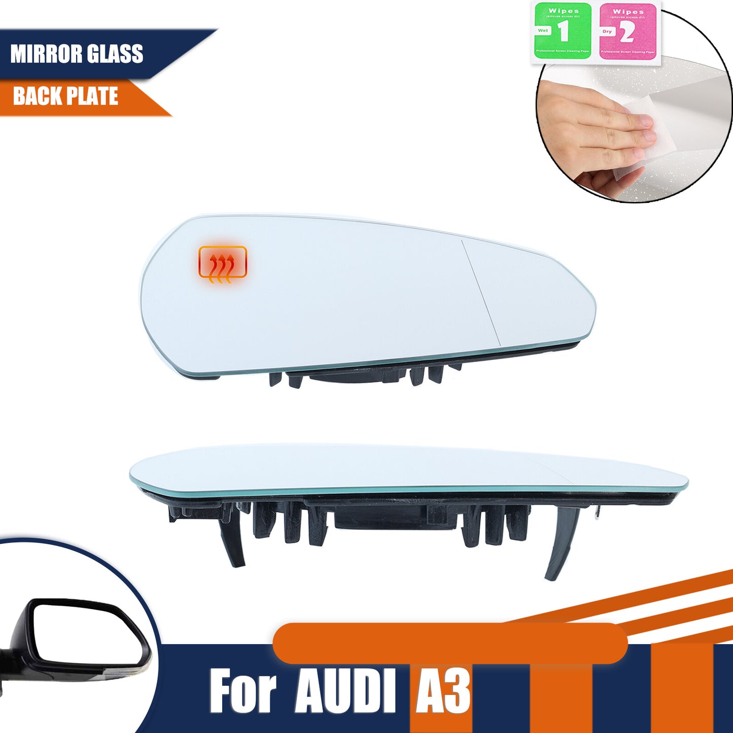 for AUDI A3 Quattro 2013-2020 Heated Mirror Glass Right Side With Backing Plate Q