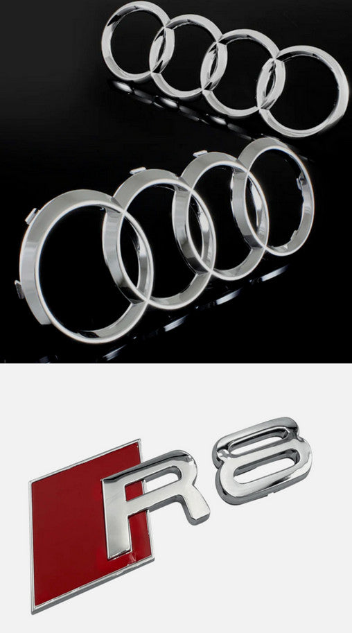Chrome-plated decals for Audi R8 front and rear ring trunk badges and boots.