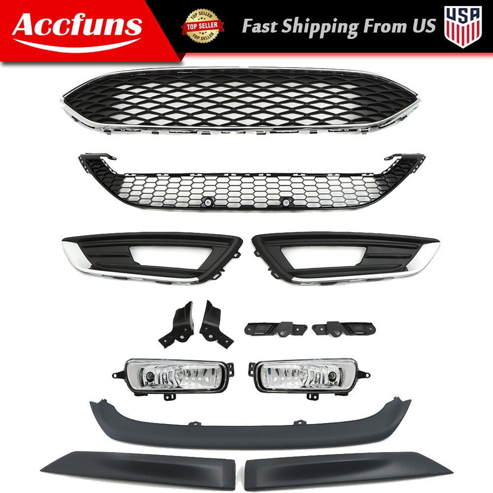 For Focus 2015-2018: Upper and Lower Front Bumper Grill and Fog Light Package and Trim Package n