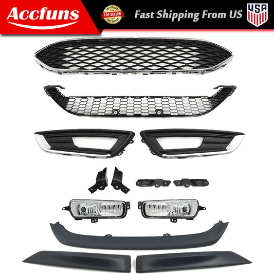 For Focus 2015-2018: Upper and Lower Front Bumper Grill and Fog Light Package and Trim Package n