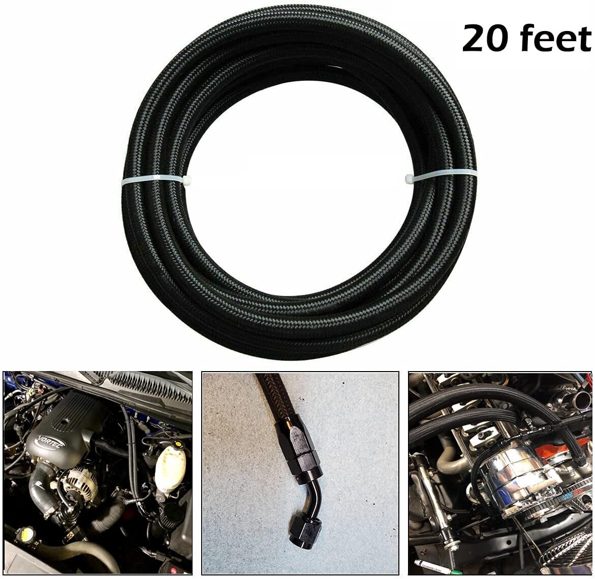 Black 3/8 6AN Braided Fuel Hose Line 20ft Spin Hose End Fitting Adapter Kit
