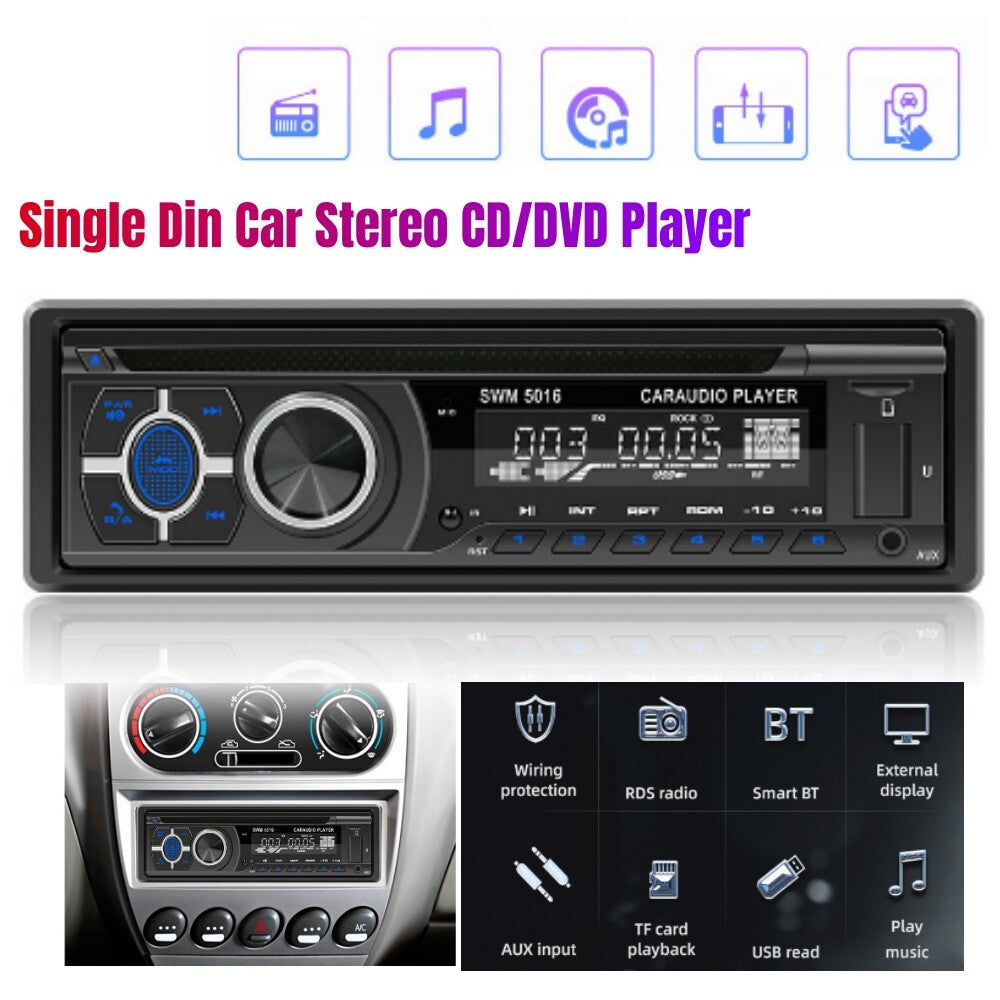Car 1-DIN SUV Stereo CD/DVD Player with Bluetooth FM/RDS/AM Radio, App, MP3, and USB.