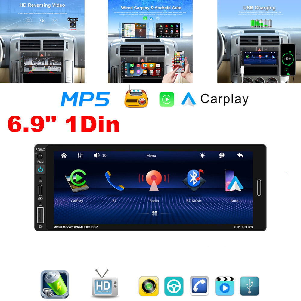 6.9-inch 1DIN Car Stereo Radio, Wireless CarPlay, Android Auto Bluetooth Video Player n